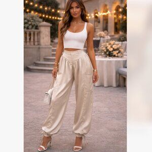 Satin High-Waist Drawstring Cargo Pants - Cream